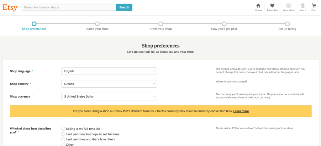etsy shop set up